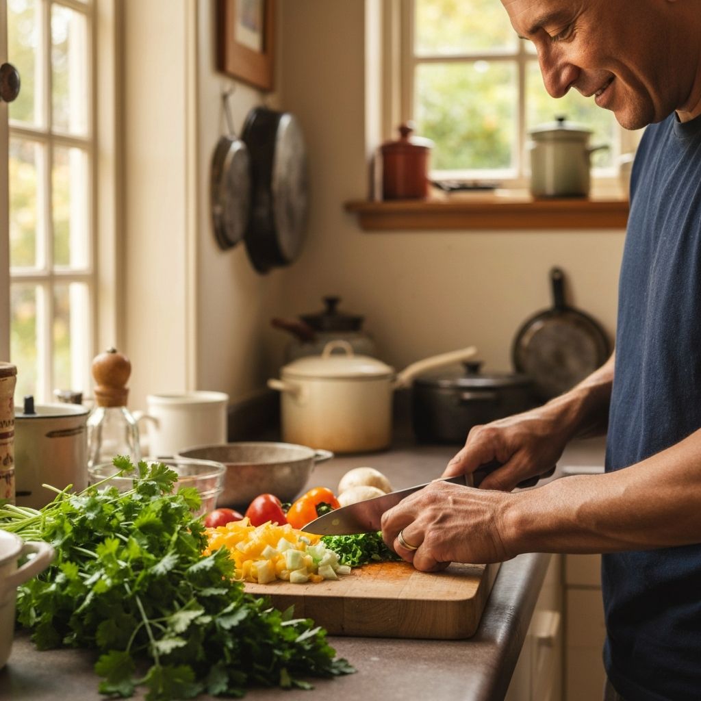Cooking with fresh herbs and vegetables in home kitchen